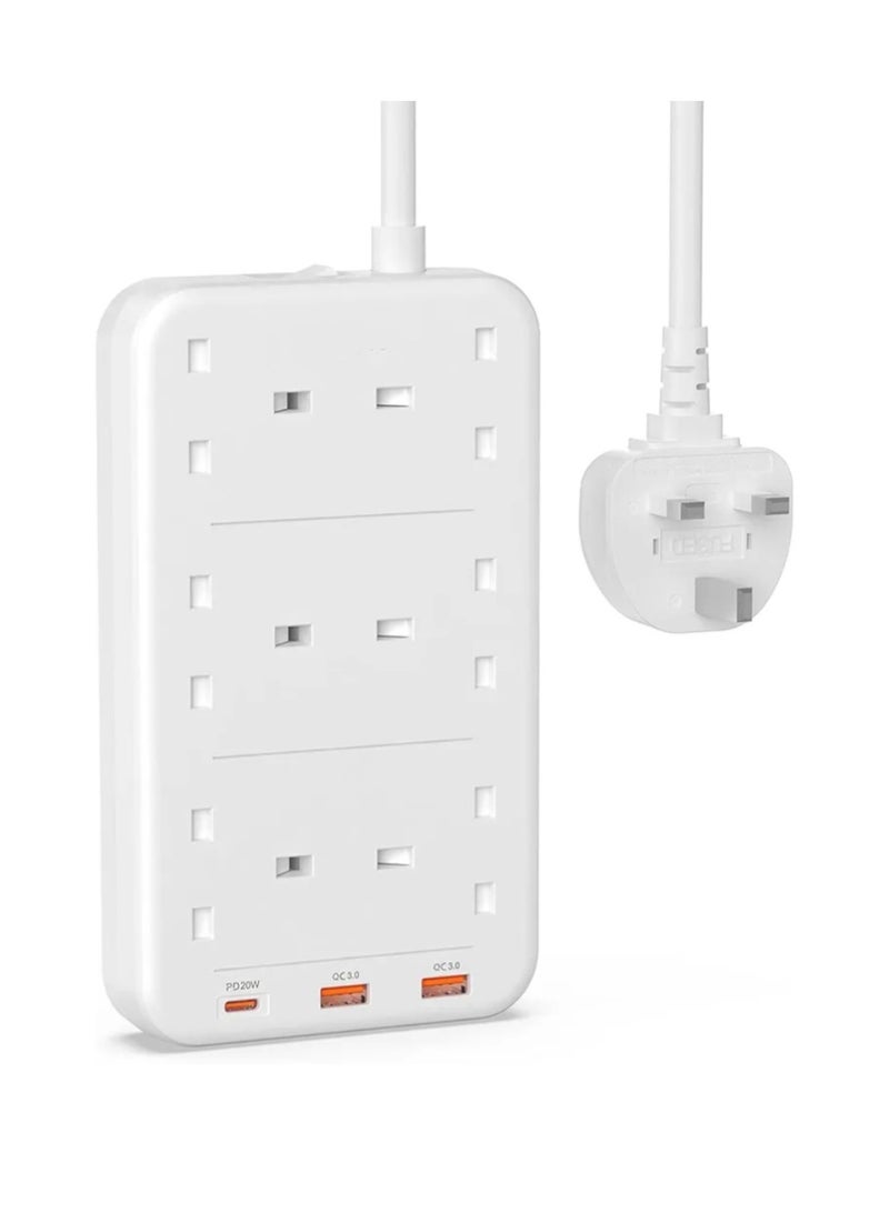 TIT Extension Cord 8 Way with USB C, Mione 3250W / 13A Power Socket with 3 Fast Charging USB Ports, UK Multi-Plug Extension Cord with Switch, Home Office Kitchen - Image 1