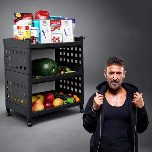 ADA Multipurpose Storage Rack, Kitchen Trolley for Living Room, Office, Bedroom, Bathroom & Kids Room Rack Shelf with Wheels for Home, Fruits & Vegetable Storage Organizer Cabinet (Black - 3 Layer) - Image 1