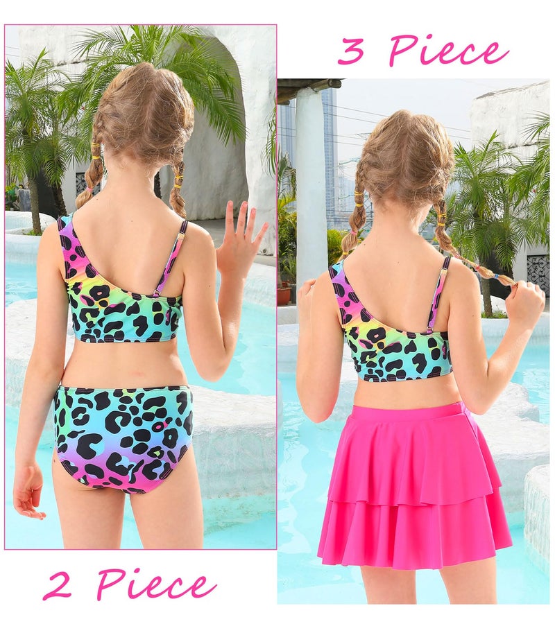 RAISEVERN Girls Bathing Suit 5T 3 Piece Swimsuit Size 6 Adjustable Spaghetti Strap Leopard Bikini Sets with Ruffle Cover Ups Beach Skirt Cute Quick Dry Tankini Summer Swimwear - Image 3