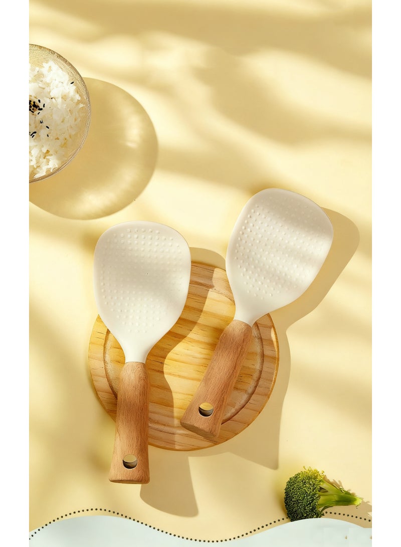 1pc Silicone Rice Spoon With Wooden Handle, Utensil For Non-Stick Cookware, Durable And Convenient Serving Tool, Kitchen Gadget - Image 1
