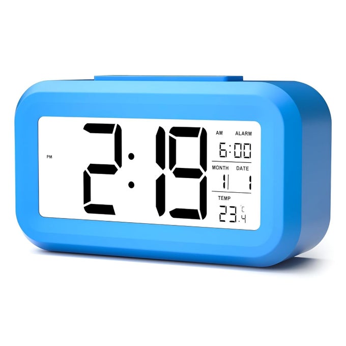 DIGITAL SMART BACKLIGHT BATTERY OPERATED ALARM TABLE CLOCK WITH AUTOMATIC SENSOR DATE TEMPERATURE BLUE