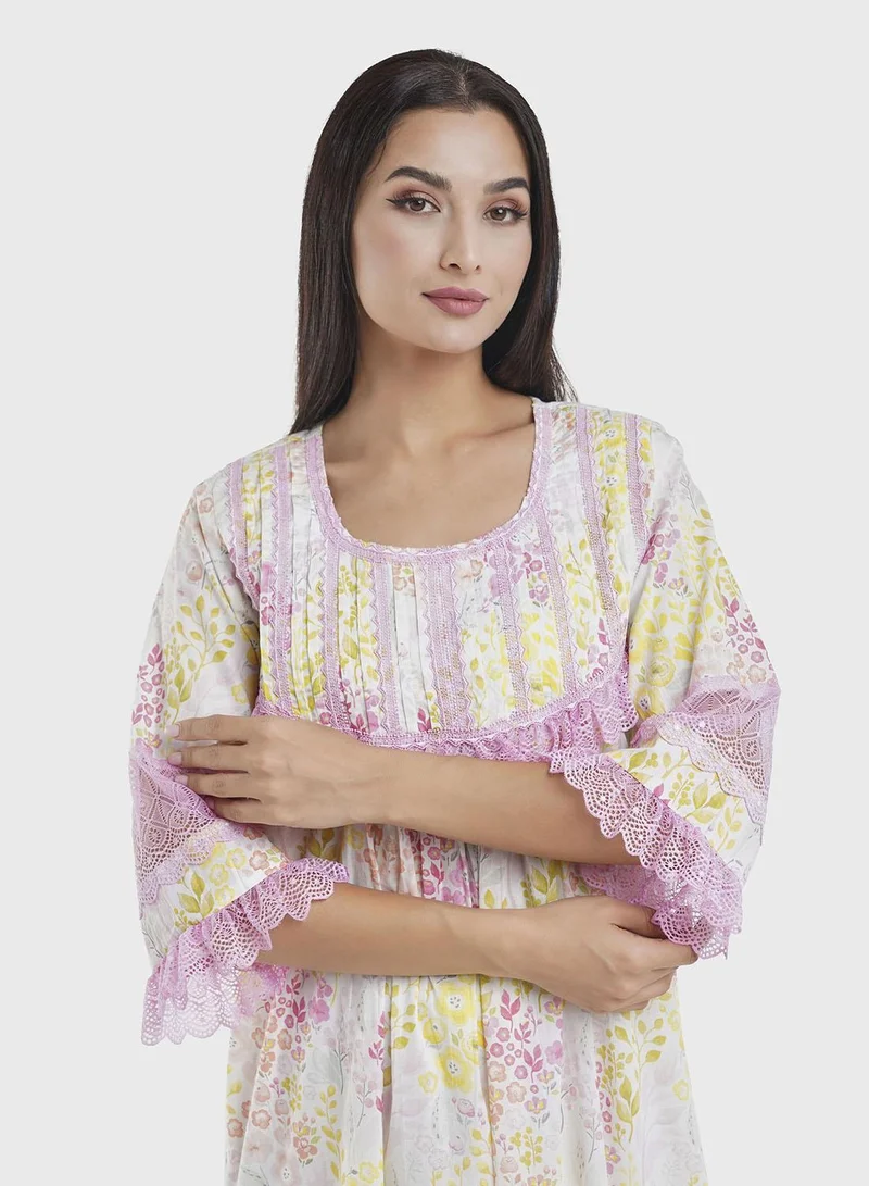 KASHKHA Cotton Yellow Floral Print Lace Work Nightwear Dress (REM3101)