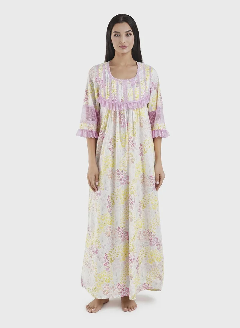 KASHKHA Cotton Yellow Floral Print Lace Work Nightwear Dress (REM3101)