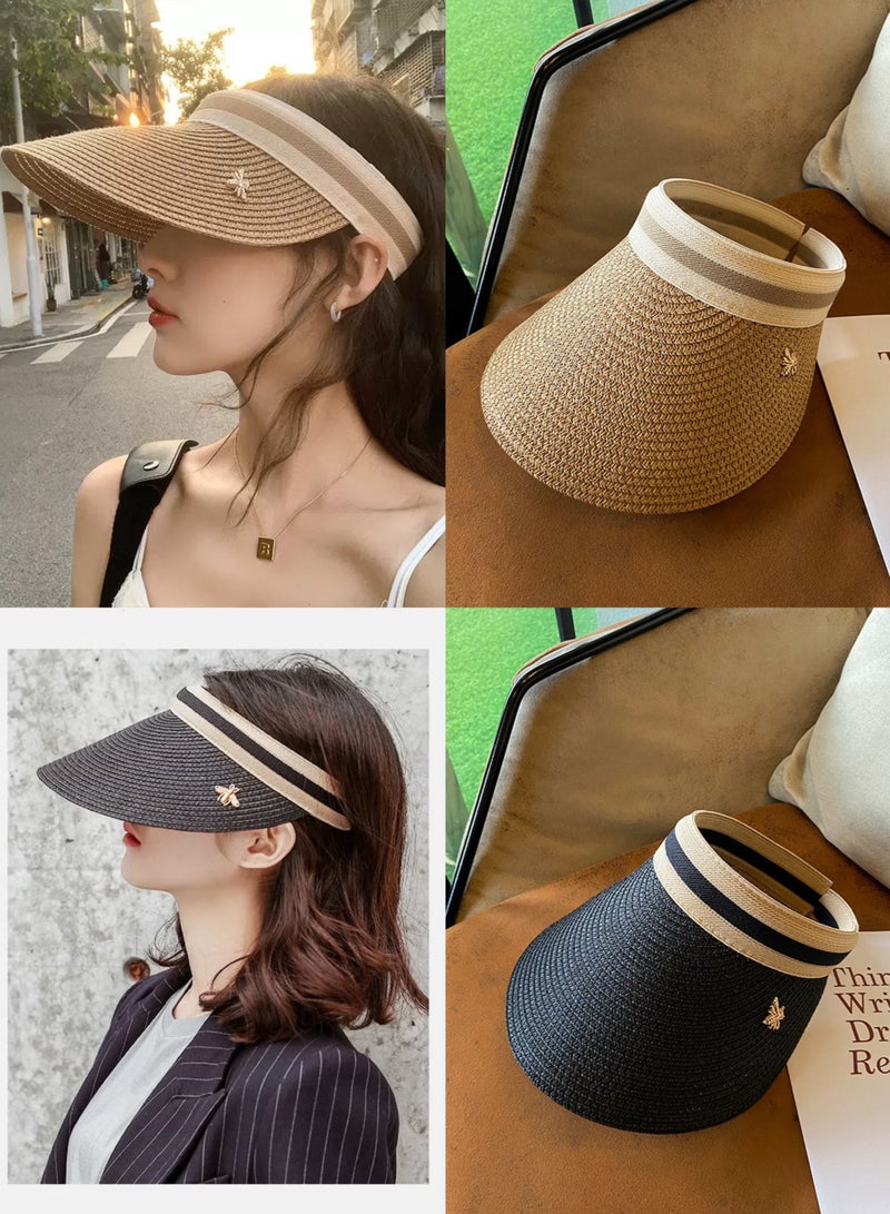 Generic 2 Pcs Empty Top Beach Straw Hat for Women Lady's Portable Beach Visor Bee Decor Sun Hat Casual Golf Beach Cap Outdoor Hat Garden Fishing Hiking - Image 1