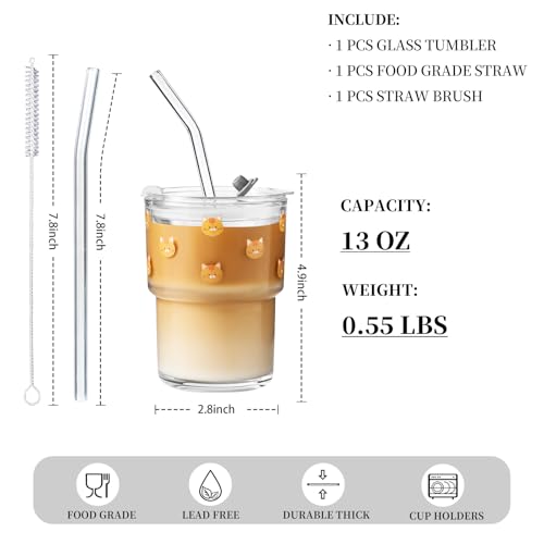 Olvini 13oz Glass Tumbler with Straw and Lid, Reusable Iced Coffee Cup Tumbler, Cute Glass Cups for Water, Matcha, Travel Coffee Mugs (Cute Cat - 13oz) - Image 3