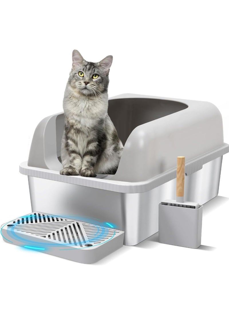 Rock Pow - Stainless Steel Cat Litter Box Metal Extra Large Cat Litter Tray for Big Cats Litter Pan Toilet High Enclosed Sides Pet Litter Box with Footboard & Scoop, Old and Short-Legged Cat Friendly - Image 1