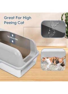 Rock Pow Stainless Steel Cat Litter Box Metal Extra Large Cat Litter Tray for Big Cats Litter Pan Toilet High Enclosed Sides Pet Litter Box with Footboard & Scoop, Old and Short-Legged Cat Friendly  - Image 2