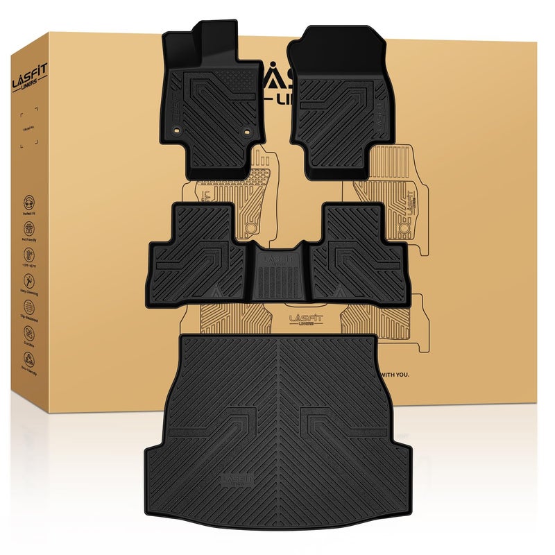 حصائر أرضية LASFIT حصيرة صندوق تناسب تويوتا RAV4 2019-2025 تناسب فقط الهجين حصائر TPE لجميع الأحوال الجوية مصممة خصيصًا لتناسب تويوتا RAV 4 مجموعة كاملة من حصائر السيارة وحصيرة الشحن باللون الأسود