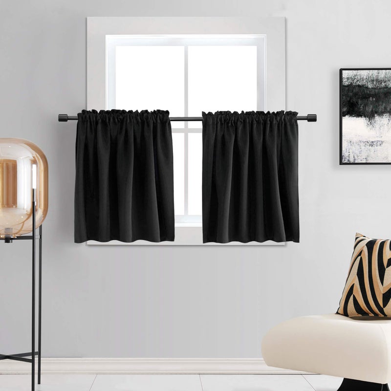 DONREN 36 Inch Length Tier Curtains 2 Panels Blackout Thermal Insulating Small Valance Curtains for Nursery with Rod Pocket Black30 Inches Wide by 36 Inches Long
