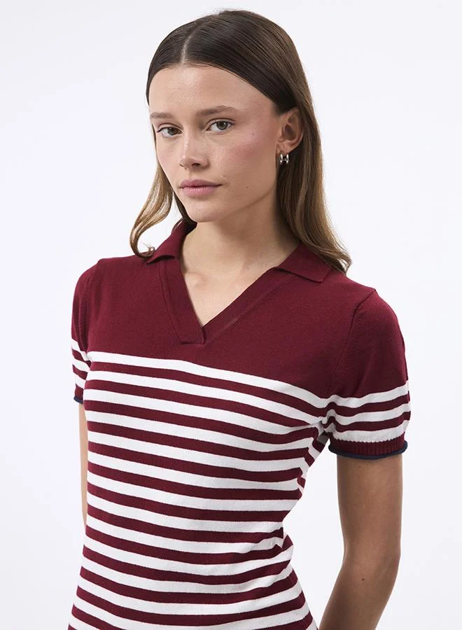 FELIX HARDY V neck Collared and Striped Elegant Knit Midi Summer Dress