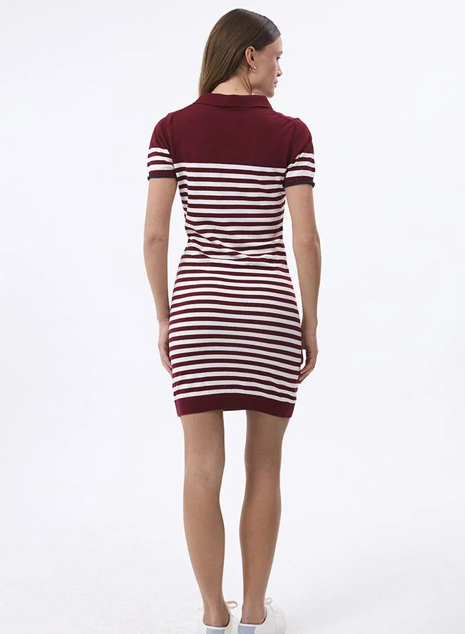 FELIX HARDY burgundy V neck Collared and Striped Elegant Knit Midi Summer Dress for Women | Best Price UAE