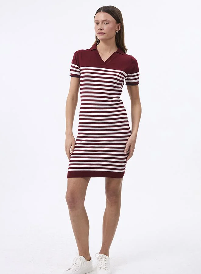 FELIX HARDY V neck Collared and Striped Elegant Knit Midi Summer Dress