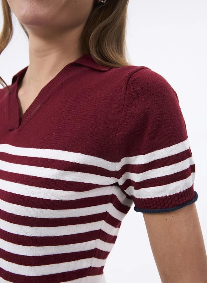 FELIX HARDY burgundy V neck Collared and Striped Elegant Knit Midi Summer Dress for Women | Best Price UAE