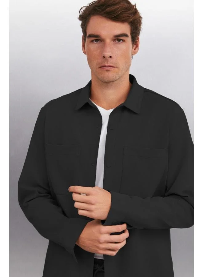 GRIMELANGE DERIAN Men's Comfort Fit Black Shirt with 2 Pockets and Snap Buttons