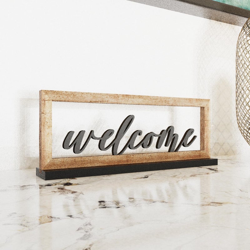 AquaChase Wooden Framed Welcome Table Sign, 13"x5" Rustic Freestanding Entryway Decor, Floating 3D Cutout Letters, Farmhouse Home Ornament for Shelves, Mantle or Windowsill - Image 5
