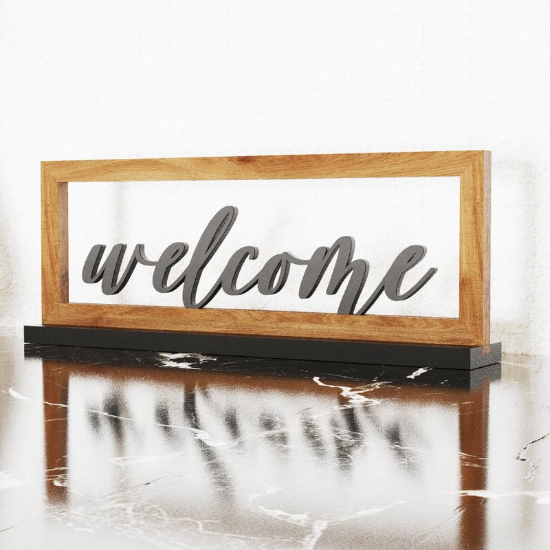 AquaChase Wooden Framed Welcome Table Sign, 13"x5" Rustic Freestanding Entryway Decor, Floating 3D Cutout Letters, Farmhouse Home Ornament for Shelves, Mantle or Windowsill - Image 1