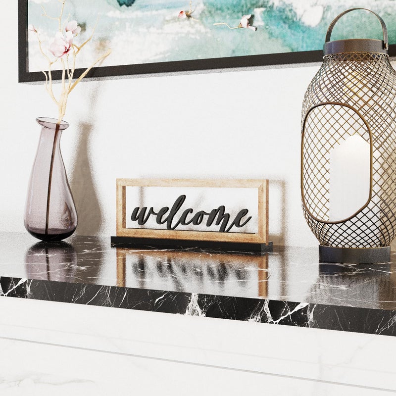 AquaChase Wooden Framed Welcome Table Sign, 13"x5" Rustic Freestanding Entryway Decor, Floating 3D Cutout Letters, Farmhouse Home Ornament for Shelves, Mantle or Windowsill - Image 3