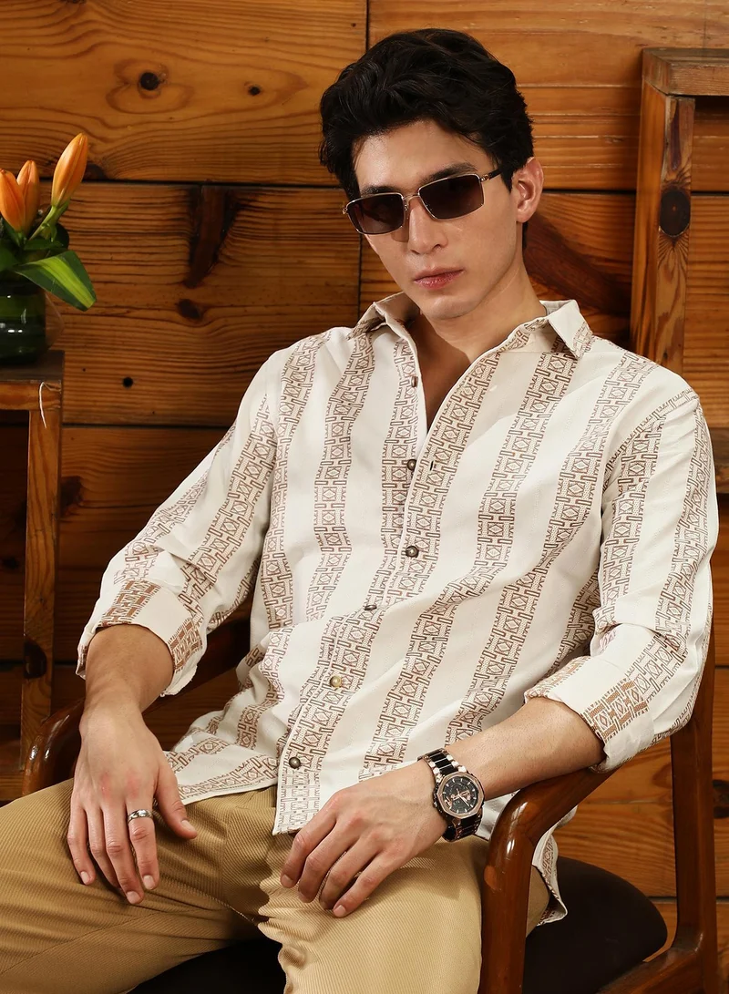 Campus Sutra Men's Ash Brown & Off-White Indie-Stripe Jacquard Shirt