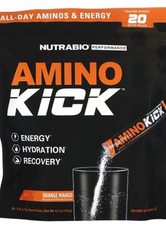 NutraBio Amino Kick Orange Mango 20 Stick Packs 0.32 oz (9 g) Each 