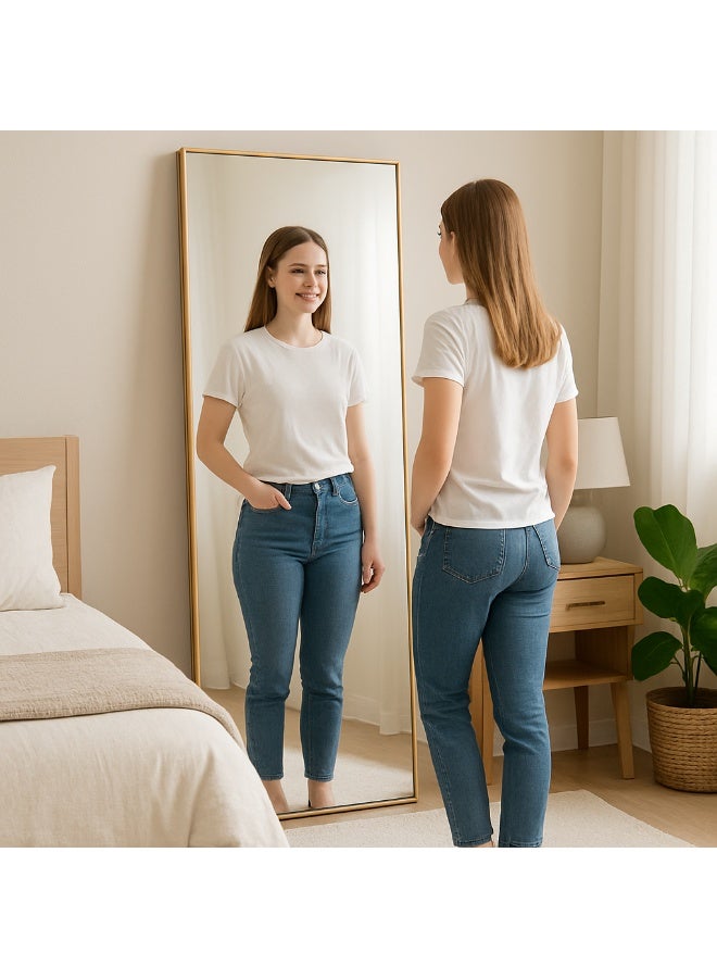 Full Length Floor Standing Mirror 165x55cm  Arched Aluminium Alloy Dressing Mirror with Stand, Wall Mounted or Leaning, Vertical, Horizontal Hanging for Bedroom, Living Room & Locker Room Luxury Gold - Image 2