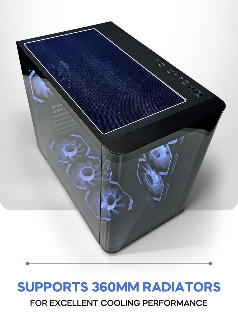 Tortox Curvo Gaming PC Case ATX/M-ATX/ITX Gaming PC Case with 7 * 120mm ARGB PWM Case Fans, 360MM Radiator Support, Type-C USB Port, 3*SSD Slot Gaming Case - Image 4