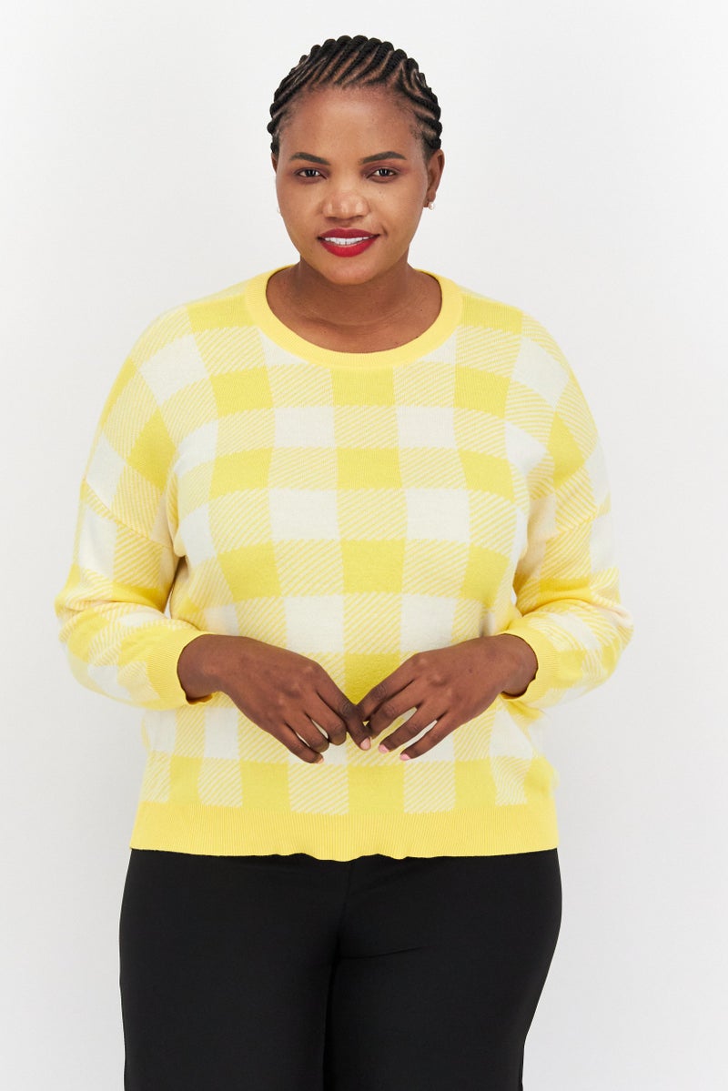 Jones New York Women Crew Neck Long Sleeve Checkered Sweater, Yellow - Image 1