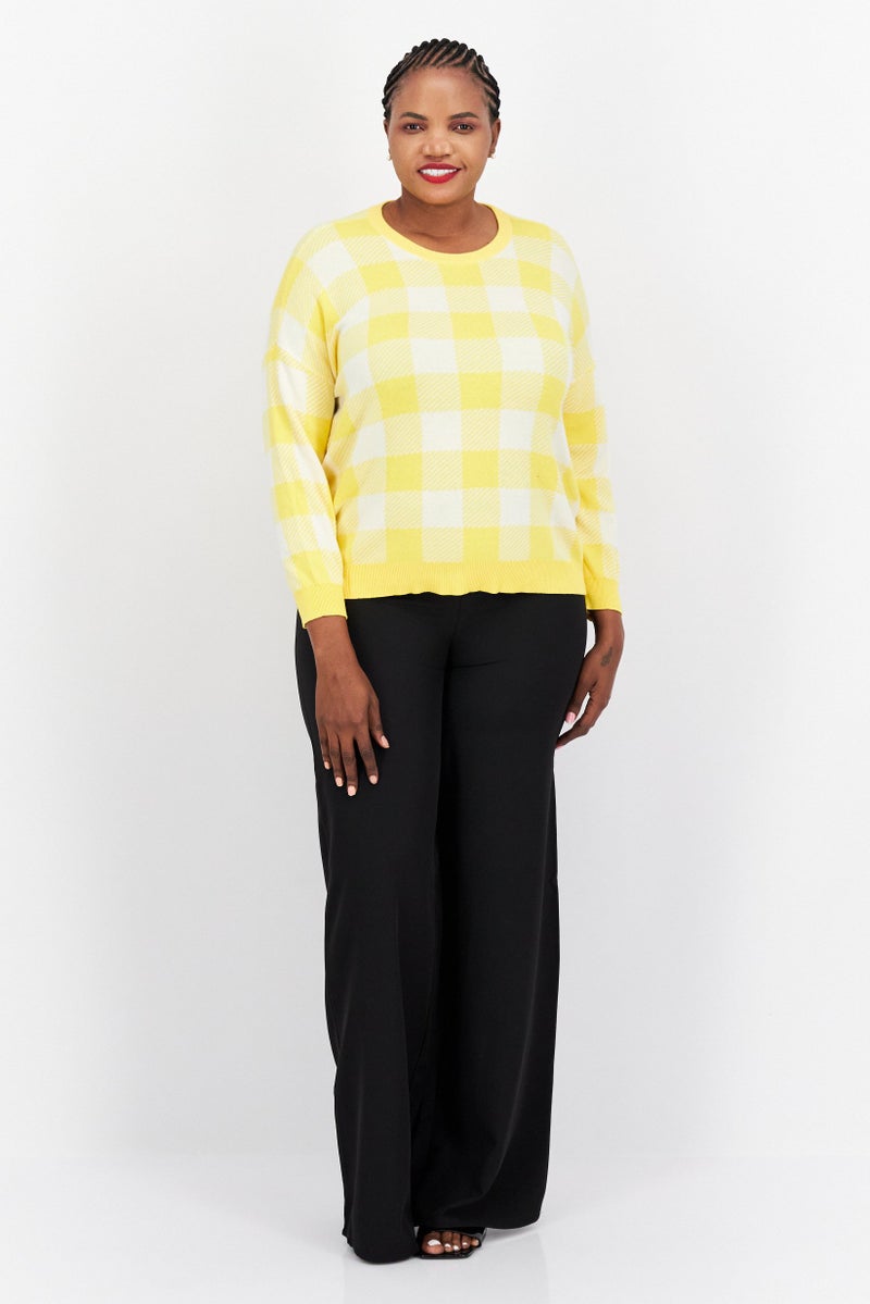 Jones New York Women Crew Neck Long Sleeve Checkered Sweater, Yellow - Image 4