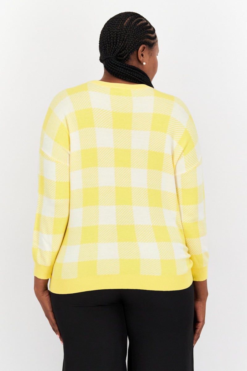 Jones New York Women Crew Neck Long Sleeve Checkered Sweater, Yellow - Image 3