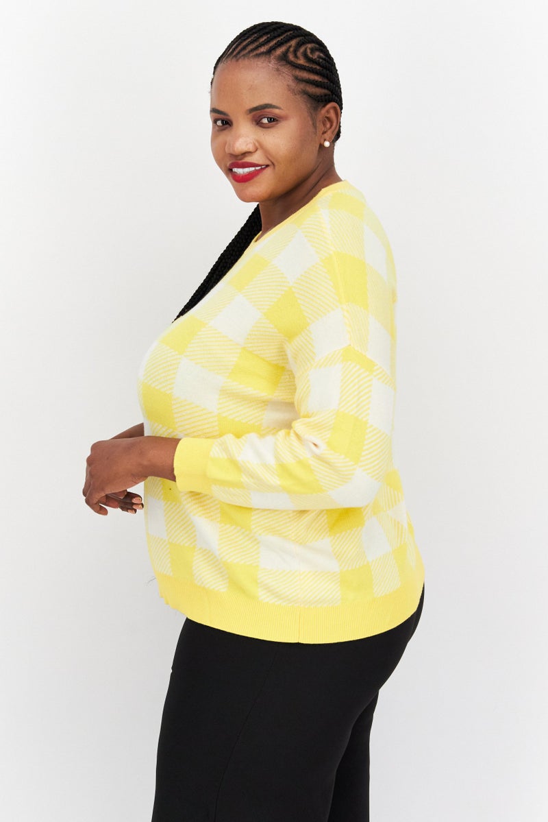 Jones New York Women Crew Neck Long Sleeve Checkered Sweater, Yellow - Image 2