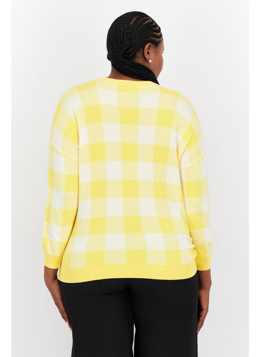 Women Crew Neck Long Sleeve Checkered Sweater, Yellow - pzsku/Z49D10DB5AEAD48DB371FZ/45/_/1732780779/fffd6c35-af57-4586-ad19-a4a23b7a3a0d