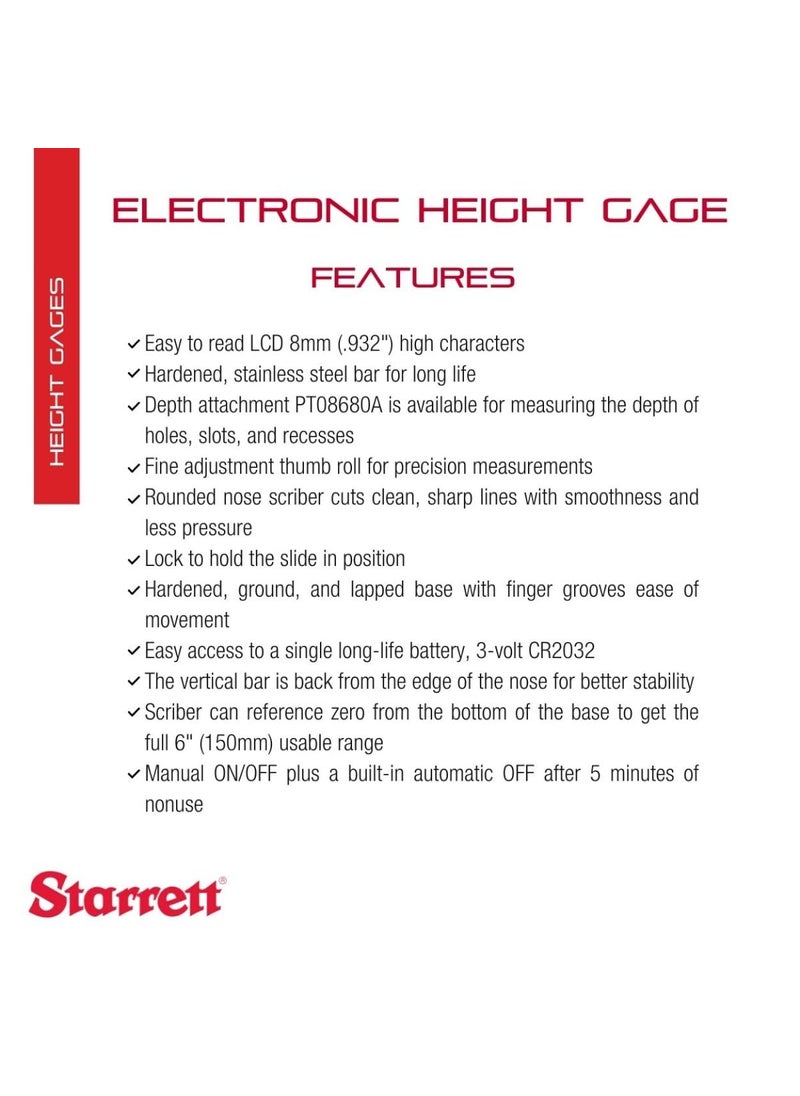 Starrett Starrett Electronic Height Gage with Hardened Stainless Steel Bar  06 0150mm Range 0005 001mm Resolution 001 002mm Linear Accuracy  3751AZ6150  - Image 2
