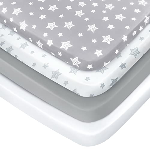 Pack and Play Sheets 4 Pack Mini Crib Sheets Stretchy Pack n Play Playard Fitted Sheet Compatible with Graco Pack n Play Soft and Breathable Material Grey