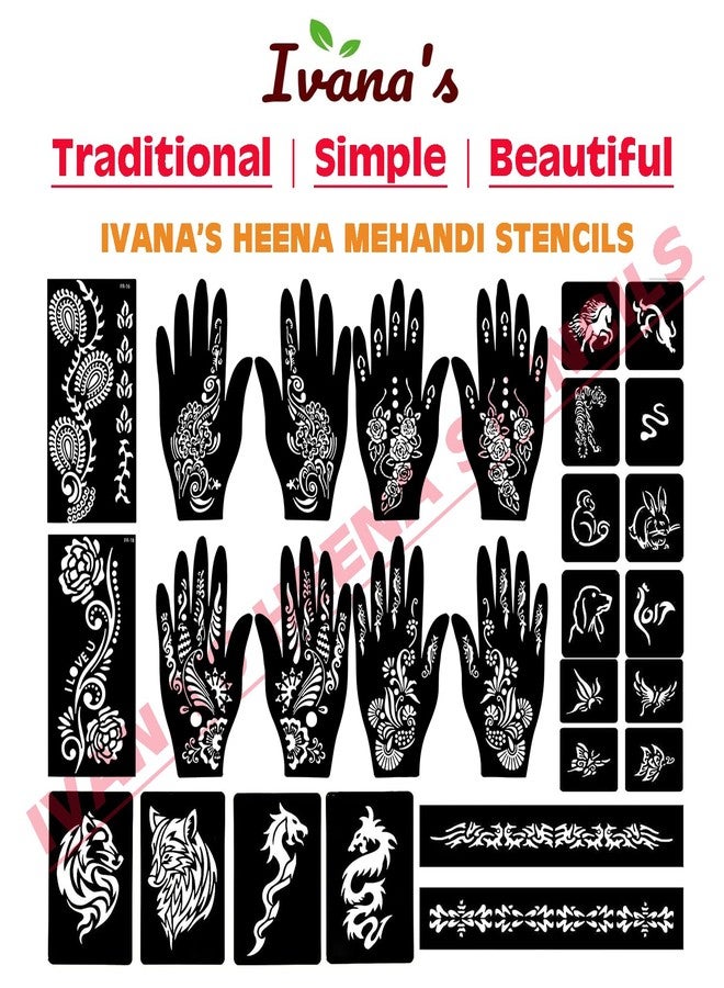 إيفاناز مجموعة إيفانا المكونة من 34 قطعة من قوالب الحناء القابلة لإعادة الاستخدام لليدين والمعصم والجسم والظهر والرقبة والوجه، عبوة كومبو من القوالب للنساء والفتيات والأطفال، سهلة الاستخدام في 4 خطوات فقط، مجموعة تصميم هندي، A2231 - Image 5