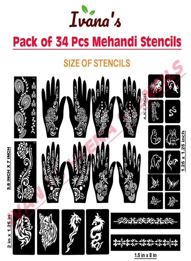 إيفاناز مجموعة إيفانا المكونة من 34 قطعة من قوالب الحناء القابلة لإعادة الاستخدام لليدين والمعصم والجسم والظهر والرقبة والوجه، عبوة كومبو من القوالب للنساء والفتيات والأطفال، سهلة الاستخدام في 4 خطوات فقط، مجموعة تصميم هندي، A2231 - Image 4