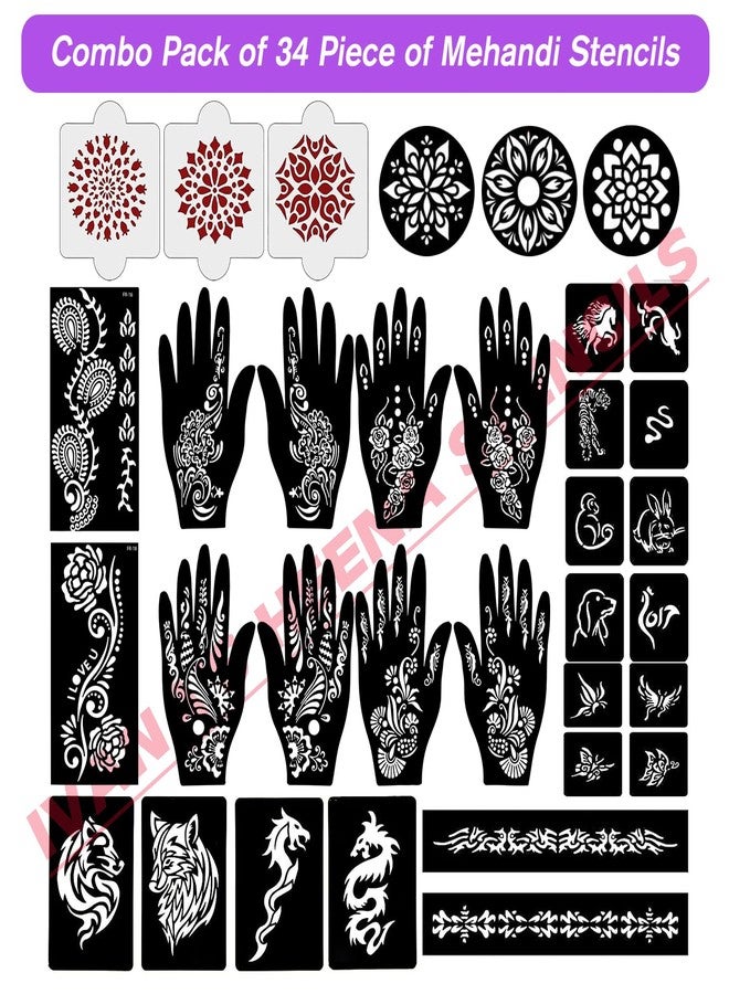 إيفاناز مجموعة إيفانا المكونة من 34 قطعة من قوالب الحناء القابلة لإعادة الاستخدام لليدين والمعصم والجسم والظهر والرقبة والوجه، عبوة كومبو من القوالب للنساء والفتيات والأطفال، سهلة الاستخدام في 4 خطوات فقط، مجموعة تصميم هندي، A2231 - Image 2