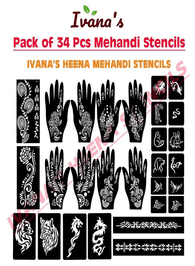 إيفاناز مجموعة إيفانا المكونة من 34 قطعة من قوالب الحناء القابلة لإعادة الاستخدام لليدين والمعصم والجسم والظهر والرقبة والوجه، عبوة كومبو من القوالب للنساء والفتيات والأطفال، سهلة الاستخدام في 4 خطوات فقط، مجموعة تصميم هندي، A2231 - Image 3