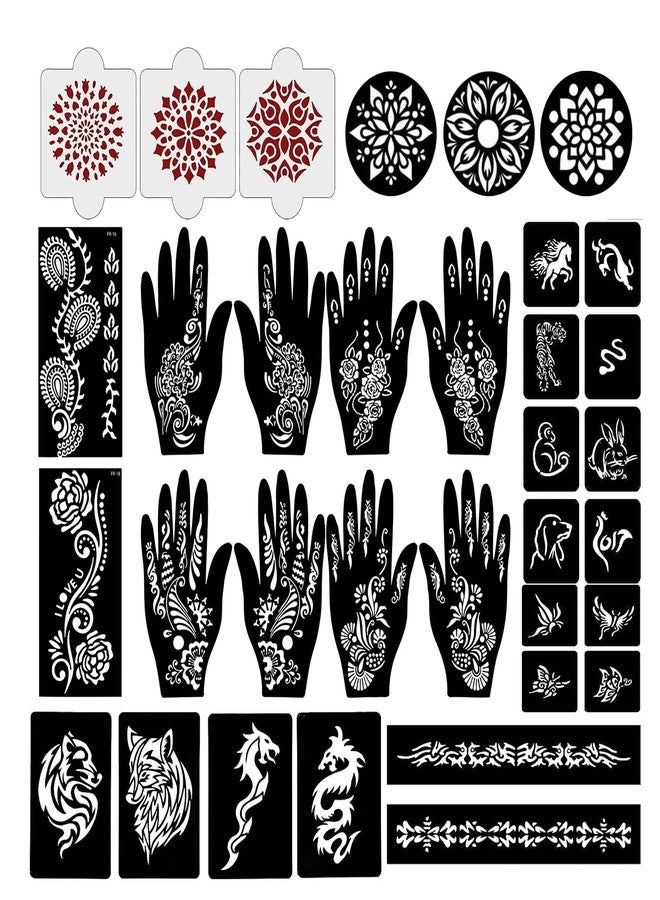 إيفاناز مجموعة إيفانا المكونة من 34 قطعة من قوالب الحناء القابلة لإعادة الاستخدام لليدين والمعصم والجسم والظهر والرقبة والوجه، عبوة كومبو من القوالب للنساء والفتيات والأطفال، سهلة الاستخدام في 4 خطوات فقط، مجموعة تصميم هندي، A2231 - Image 1