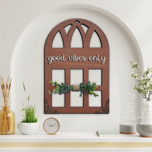 Chalk My Theme 3D Laser Cut Letters Good Vibes Only Wall Décor In Window Style With Leaves Wooden Wall Or Door Decor For Home- Brown - Image 2