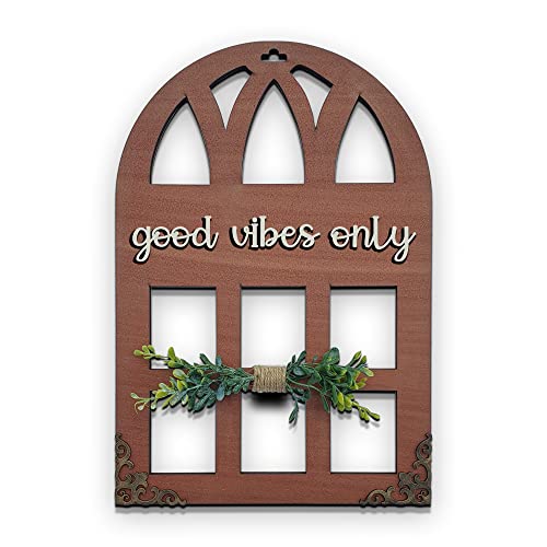 Chalk My Theme 3D Laser Cut Letters Good Vibes Only Wall Décor In Window Style With Leaves Wooden Wall Or Door Decor For Home- Brown - Image 1
