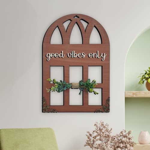 Chalk My Theme 3D Laser Cut Letters Good Vibes Only Wall Décor In Window Style With Leaves Wooden Wall Or Door Decor For Home- Brown - Image 4