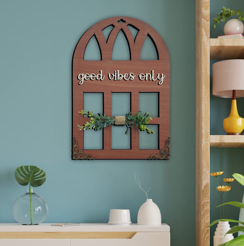 Chalk My Theme 3D Laser Cut Letters Good Vibes Only Wall Décor In Window Style With Leaves Wooden Wall Or Door Decor For Home- Brown - Image 3