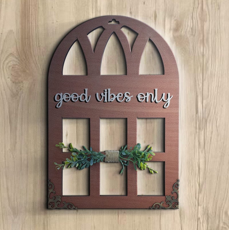 Chalk My Theme 3D Laser Cut Letters Good Vibes Only Wall Décor In Window Style With Leaves Wooden Wall Or Door Decor For Home- Brown - Image 5