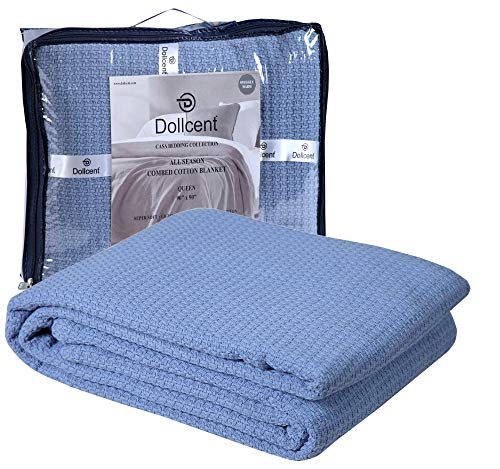 DOLLCENT 100% Cotton California King Size Blanket For Bed, Premium Combed Lightweight Blankets, Washed Breathable Cozy Bed Throw Blanket, Blue Cal King Cotton Blankets For All Season: Blue (102"x108") - Image 1