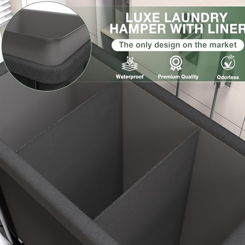 kunlabori 60 Gal(230L) High Grade Large Laundry Basket with Wheels, Rolling Laundry Hamper, Laundry Cart with Metal Frame and Removable Bag Design, Suitable for Laundry Room, Bedroom (Black, 3 Section 230L) - Image 3