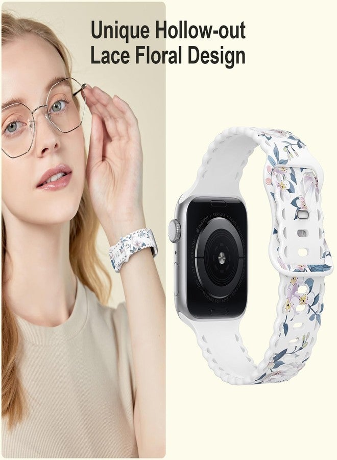 MEULOT Flower Lace Band Compatible with Apple Watch Band 40mm 44mm 46mm 41mm 45mm 38mm 42mm 49mm Women, Silicone Floral Print Sport Replacement Strap for iWatch Series Ultra 11 10 9 8 7 6 5 4 SE -Lily 38 - Image 4