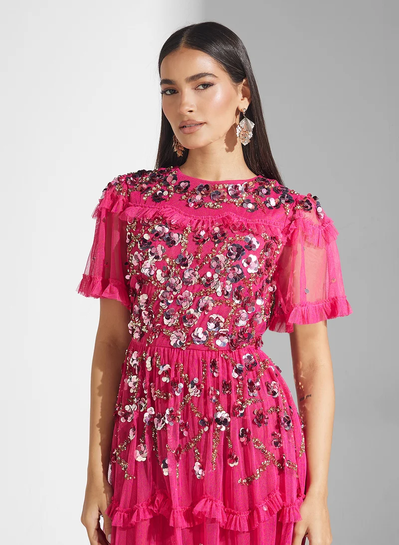 Frock and Frill Embellished Mesh Detailed Midi Dress