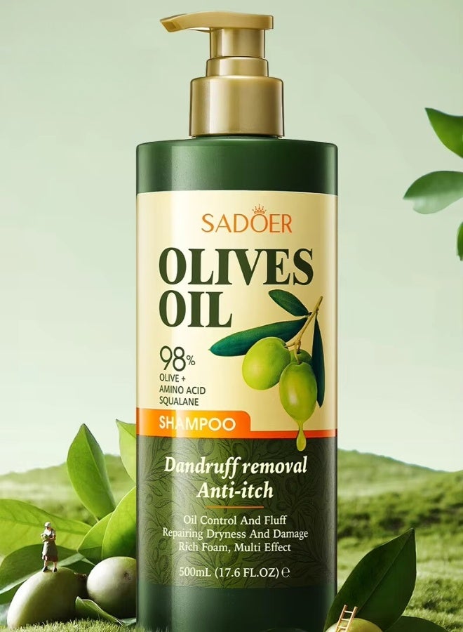 SADOER 500ML Olive Oil Shampoo, 98% Olive Oil with Amino Acid Squalane for Dandruff Removal, Anti Itch Anti Dandruff Oil Control, Repairing Dry Damaged Hair Olives Oil Anti-Dandruff Shampoo - Image 1