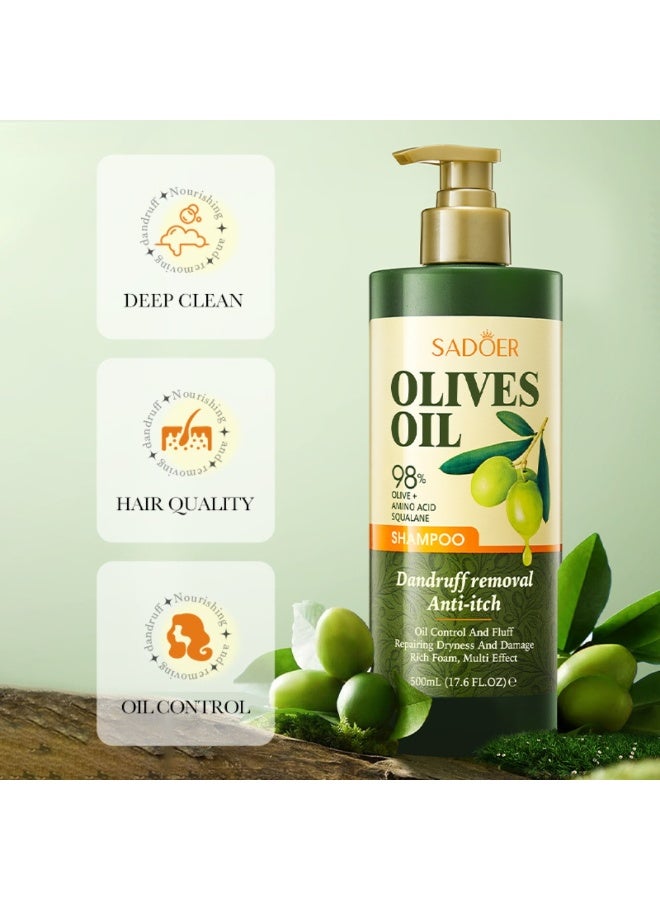 SADOER 500ML Olive Oil Shampoo, 98% Olive Oil with Amino Acid Squalane for Dandruff Removal, Anti Itch Anti Dandruff Oil Control, Repairing Dry Damaged Hair Olives Oil Anti-Dandruff Shampoo - Image 2