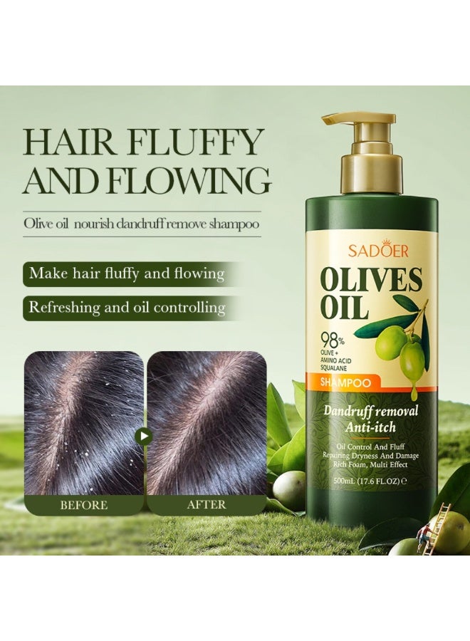 SADOER 500ML Olive Oil Shampoo, 98% Olive Oil with Amino Acid Squalane for Dandruff Removal, Anti Itch Anti Dandruff Oil Control, Repairing Dry Damaged Hair Olives Oil Anti-Dandruff Shampoo - Image 3