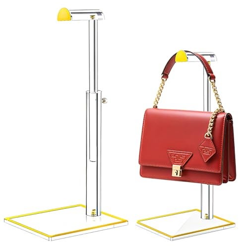 Jolboldy 2 Pack Acrylic Handbag Display Stand, Gold Trim Clear Purse Holder 14"-24" Adjustable Height Thicken Anti-slip Base, Purse Rack Hanging Evening Bags Clutch Jewelry for Table Closet Retail Vendors - Image 1